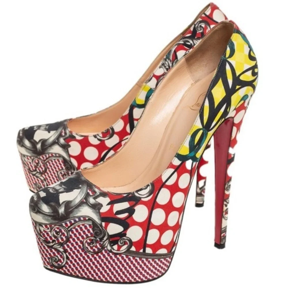 🌺CHRISTIAN LOUBOUTIN 👠Daffodil Multicolor 160mm Print Fabric Platform sz: 38.5 - Picture 1 of 17